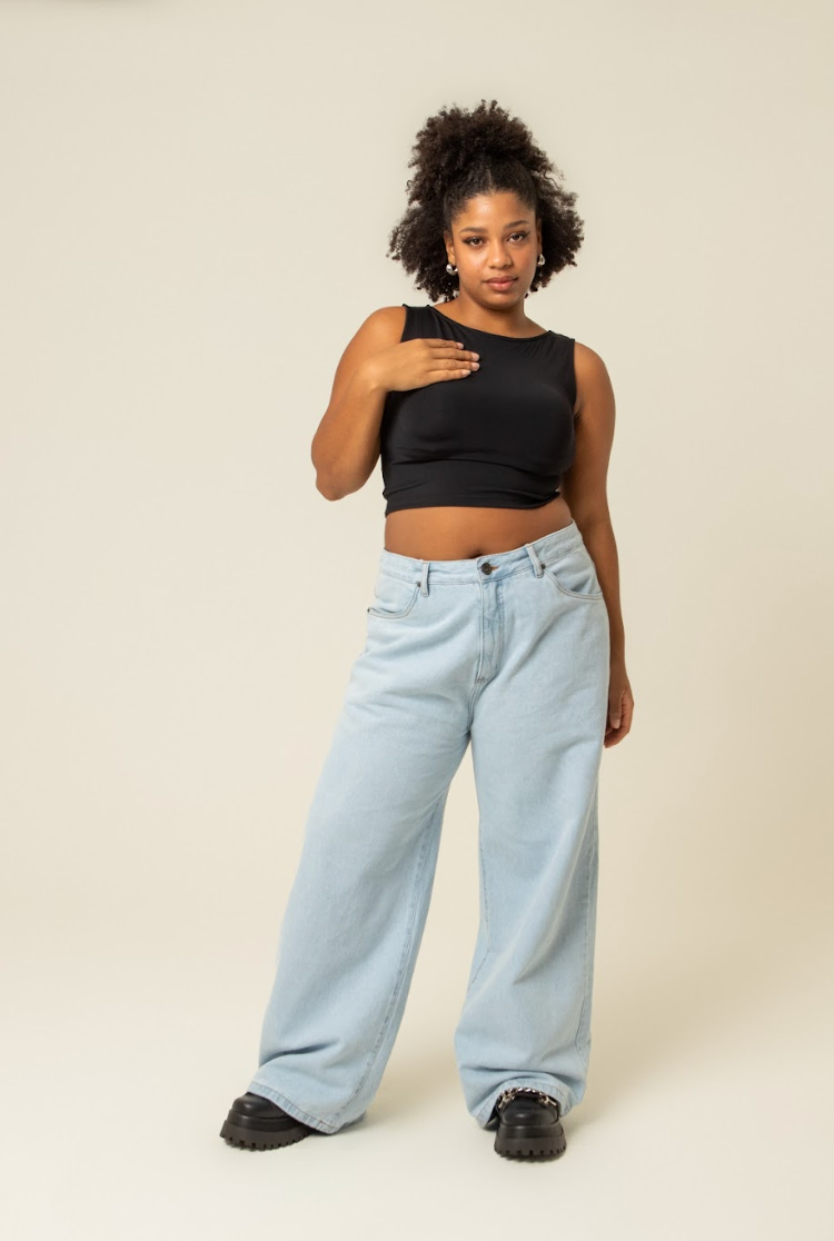 calça jeans ajustável wide light blue