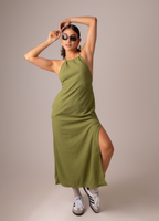 vestido comfy | vestido costas abertas com fenda lateral