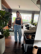 calça jeans ajustável wide acid wash