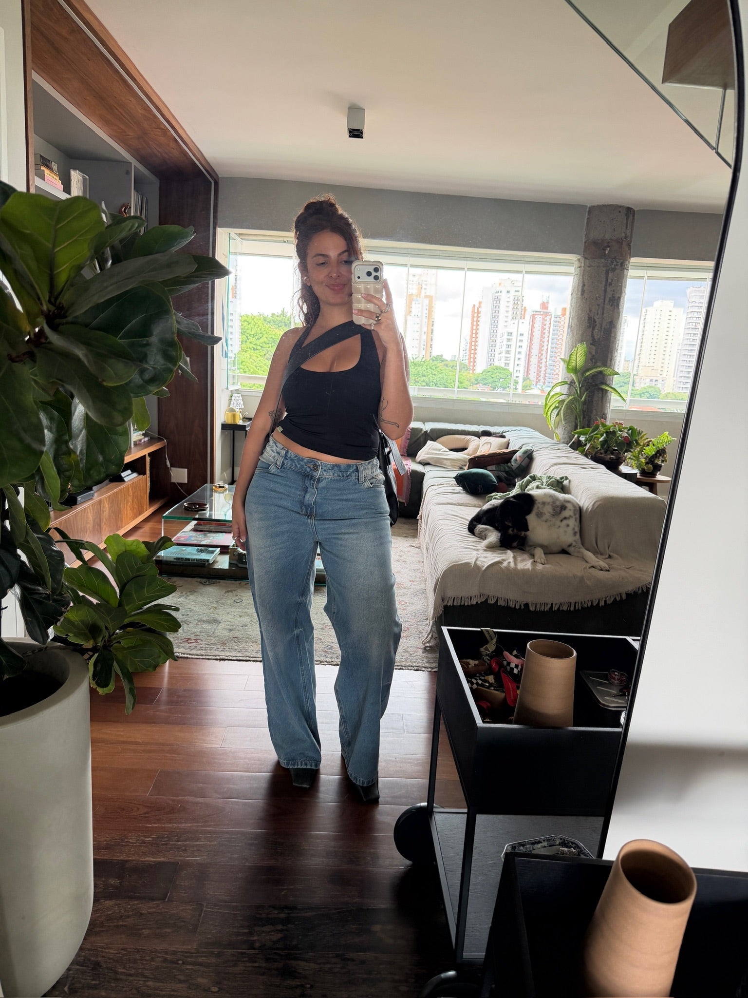 calça jeans ajustável wide acid wash