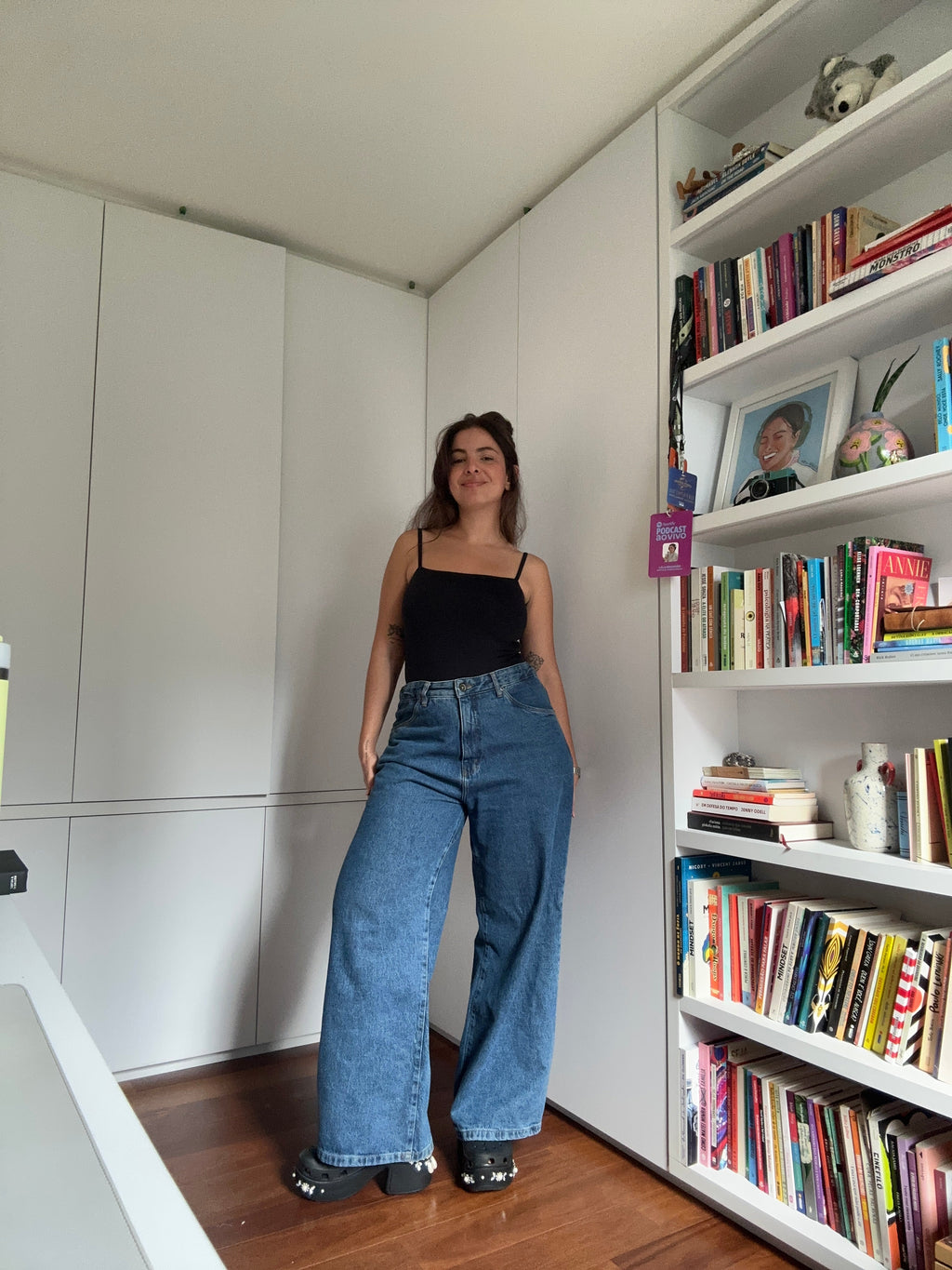 calça jeans ajustável wide denim blue