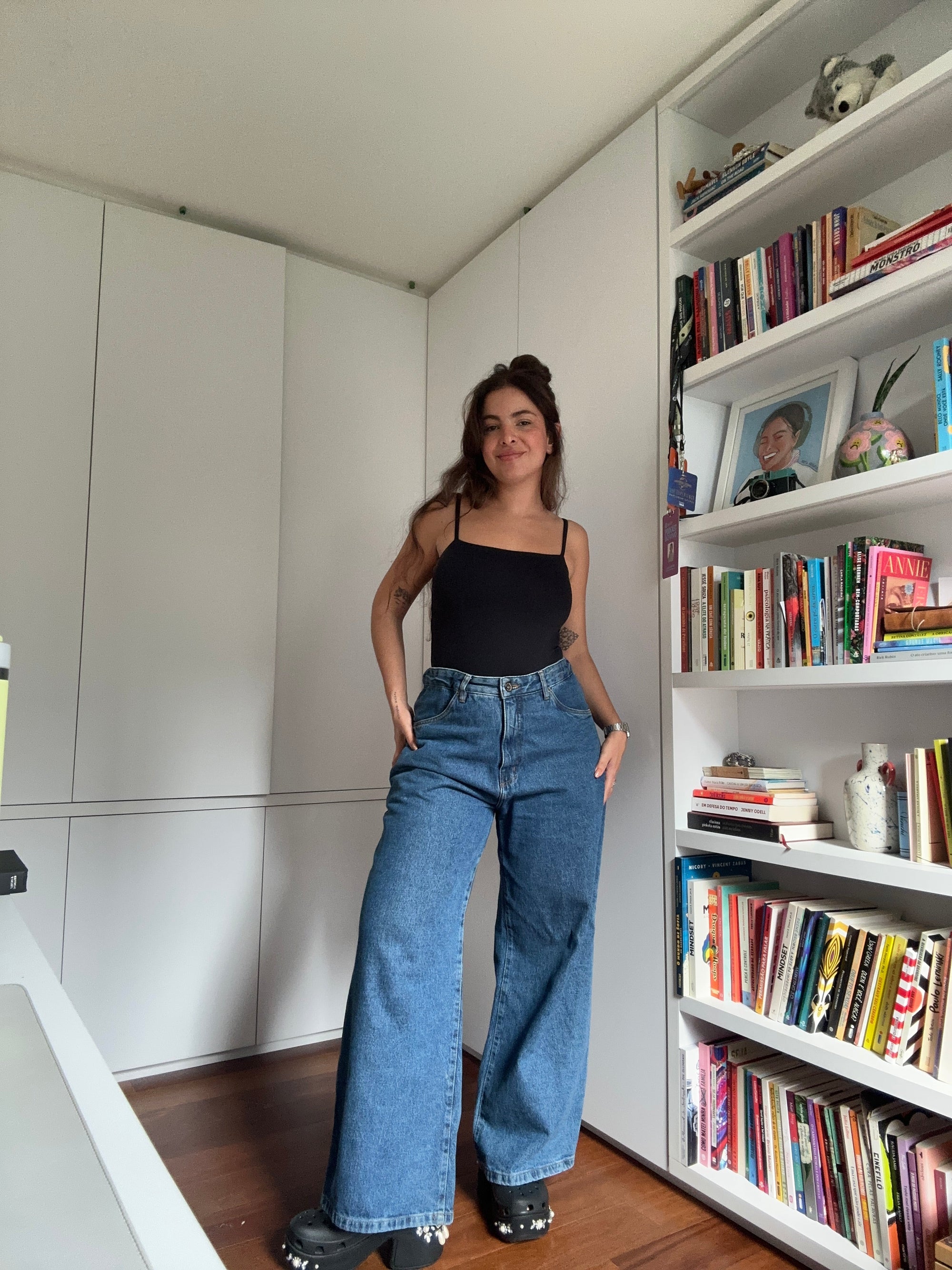 calça jeans ajustável wide denim blue