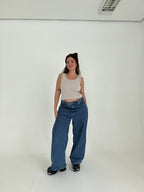 calça jeans ajustável wide denim blue