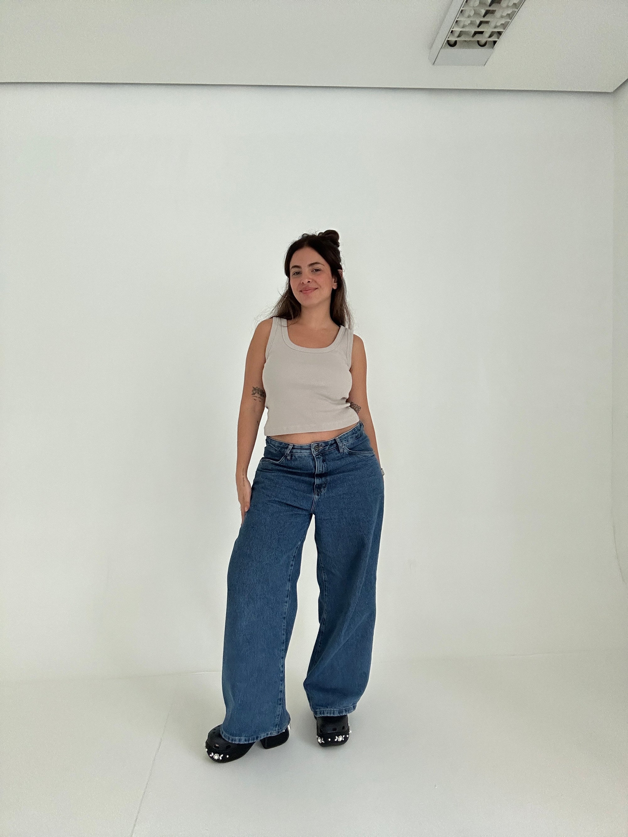 calça jeans ajustável wide denim blue