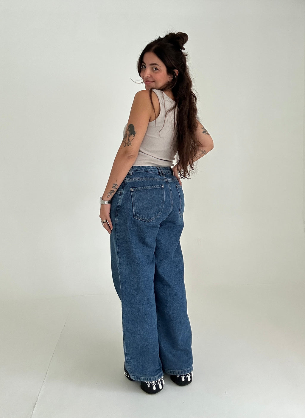 calça jeans ajustável wide denim blue