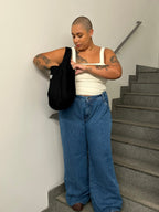 calça jeans ajustável wide denim blue