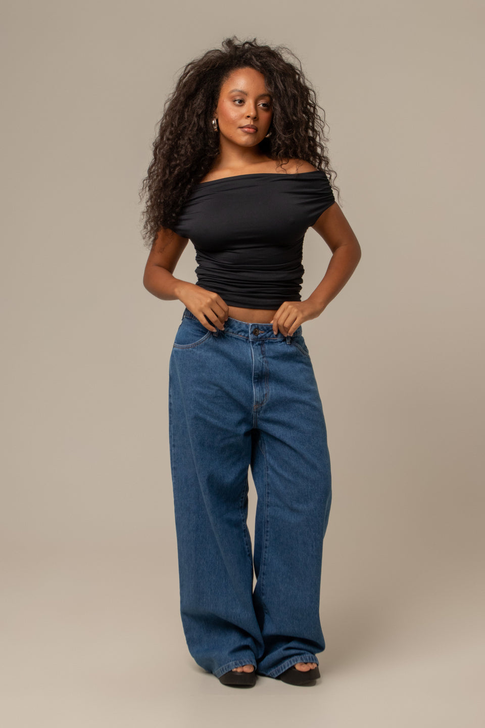 calça jeans ajustável wide denim blue