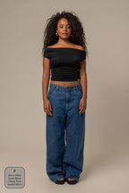 calça jeans ajustável wide denim blue