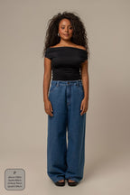 calça jeans ajustável wide denim blue