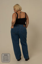 calça jeans ajustável mom denim blue