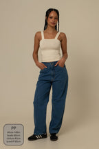 calça jeans ajustável mom denim blue