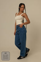 calça jeans ajustável mom denim blue