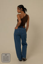 calça jeans ajustável mom denim blue