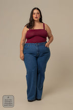 calça jeans ajustável wide denim blue