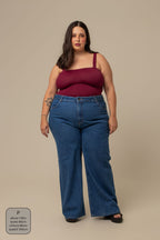 calça jeans ajustável wide denim blue