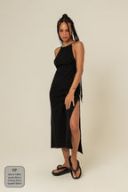 vestido comfy | vestido costas abertas com fenda lateral