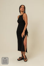 vestido comfy | vestido costas abertas com fenda lateral