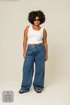 calça jeans ajustável wide denim blue