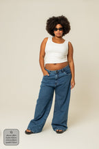 calça jeans ajustável wide denim blue