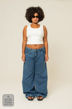 calça jeans ajustável wide denim blue