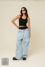 calça jeans ajustável wide light blue