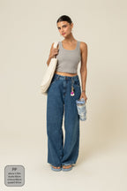 calça jeans ajustável wide denim blue