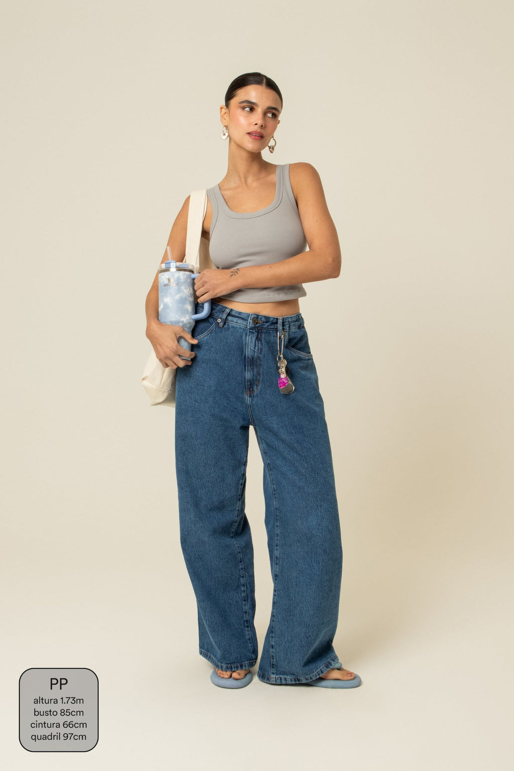 calça jeans ajustável wide denim blue