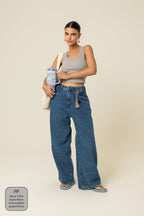 calça jeans ajustável wide denim blue