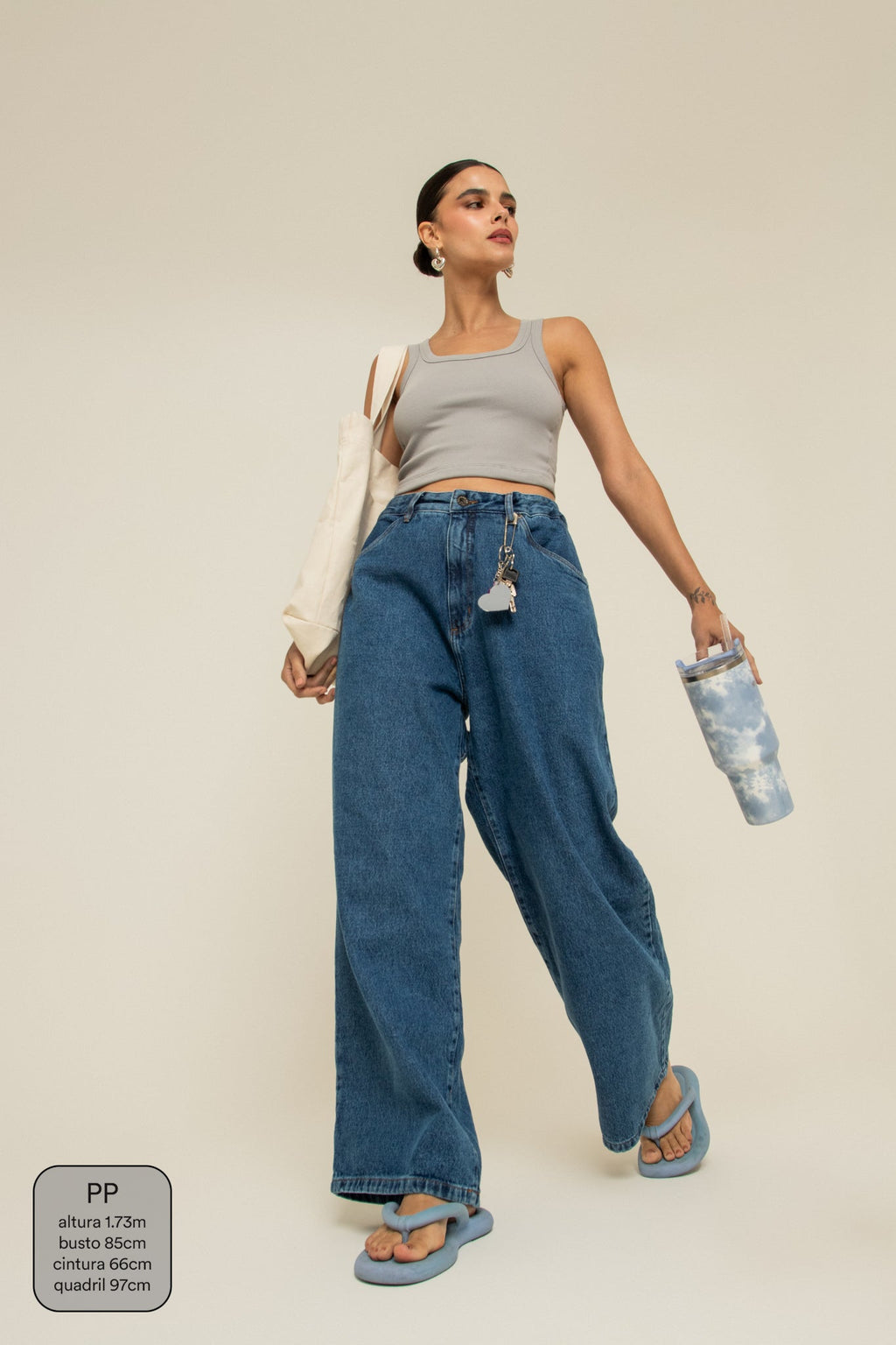 calça jeans ajustável wide denim blue